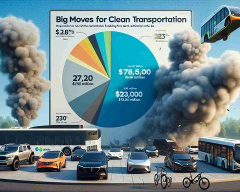 An image illustrating big moves for clean transportation. Showcase a pie chart detailing the distribution of over $735 million in funding for zero-emission vehicles. Include various real-life zero-emission vehicles like electric cars, bikes, and buses in the background. They should billow out clouds of leaves instead of smoke to symbolize the absence of pollution. The scene represented should be in a High Definition and realistic style.