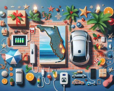 Generate a realistic HD image that represents the concept of preparing for holiday travel in Florida with electric vehicles (EVs). The picture could include iconic Florida landmarks and symbols as well as details that reflect the emerging presence of EVs, such as charging stations, battery icons, and high-tech equipment. The tone should be festive, with holiday decorations and traveler essentials subtly incorporated in the scene.