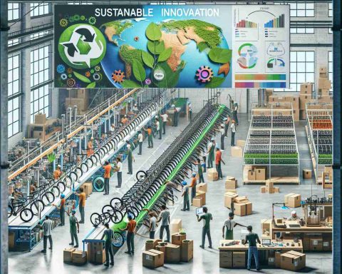 Create a high-definition, realistic image illustrating the concept of revolutionizing the bicycle industry through sustainable innovation. Imagine this as a large, environmentally-friendly factory where bicycles are being constructed from recycled materials. Workers of various descents including Caucasian, Hispanic, Black, Middle-Eastern, South Asian, are actively working together on the assembly line. A banner with the phrase 'Sustainable Innovation' is displayed prominently in the factory. There are various diagrams and charts on the wall showing environmental impact statistics and improvements in sustainability compared to traditional manufacturing methods.