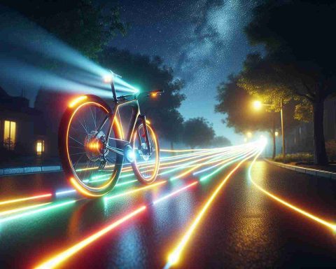 Create a high-definition, realistic image depicting the future of bike lights illuminating the night. The scene should showcase an advanced bicycle with radiant lights, cutting through the darkness of a quiet street or bike path. The lights should be bright and colorful, casting long glowing trails behind the bike. The setting should be in the evening, under a starry sky, adding to the dramatic effect of the display of lights. Add elements like trees and buildings to show the depth and realism of the light illumination.