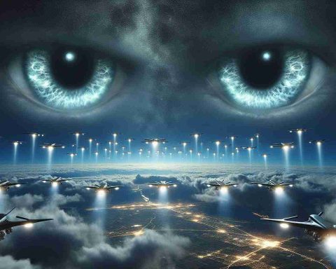 A high-definition, realistic image capturing the enigma of the skies. Two gargantuan, mysterious eyes gaze down from the firmament, illuminating the terrain below with their ethereal glow. Beneath them, an increasing number of unidentified drones, varying in design and size, hover and whirr in the airspace. The convergence of this uncanny aerial phenomenon sparks intrigue and stirs the curiosity of anyone who beholds it.