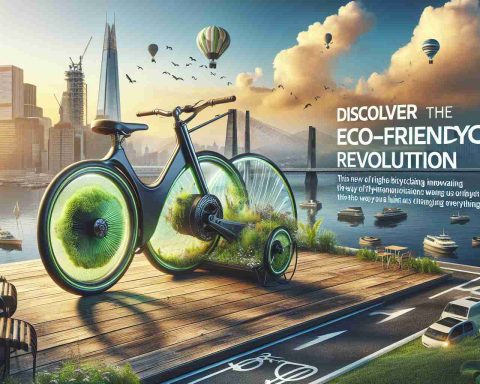 Create a high-definition, realistic image showcasing the new wave of eco-friendly bicycle innovation. The image should feature a novel bicycle design that integrates eco-friendly aspects, visually highlighting how this design is revolutionizing the way we think about personal transportation. The bicycle should be placed in an environment that emphasizes its use-case, like a cityscape or park. Also include captions or text that says 'Discover the Eco-Friendly Bicycle Revolution!' and 'This New Design is Changing Everything.'