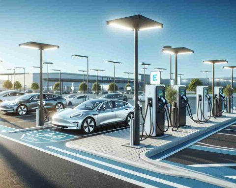 An ultra high-definition, realistic image featuring a row of new electric vehicle charging stations installed in a well-lit, clean and modern parking lot. The area is busy, with electric cars of various makes and models plugged in for charging. It's a clear, sunny day. The bright, energy-efficient LED lamp posts offering a contrast to the azure sky, indicate that the journey has indeed become easier, thanks to these state-of-the-art charging facilities. The scenery suggests ease, convenience, and the progressive shift towards sustainable, eco-friendly transportation.