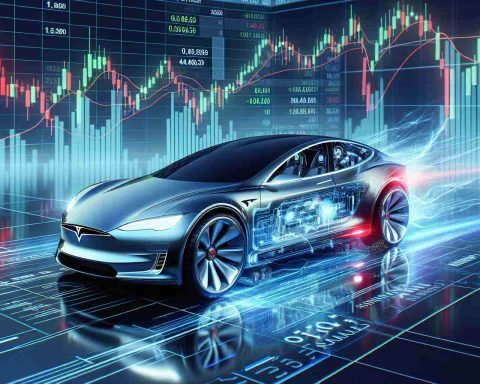 Generate a high-definition, realistic image emphasizing the concept of 'The Future of Tesla'. Display a futuristic car design representing Tesla, with artificial intelligence features incorporated. Render a dynamic stock market graph in the background indicating volatility, to symbolize the influence on stock prices. Please avoid any direct logos or brand indications.