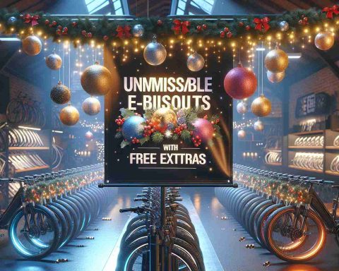 High-definition, realistic image showcasing a festive promotional event. The main focus is a banner that reads 'Unmissable e-Bike Discounts! Christmas Sale with Free Extras'. The banner is adorned with Christmas decorations like glittering baubles, twinkling lights, and holly. The scene is set in a bicycle shop, with rows of sleek, modern e-bikes on display. The atmosphere is bustling with excitement around the great discounts and extras being offered.