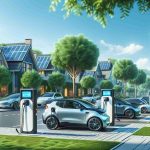 Generate a high-definition, realistic image of innovative electric vehicle charging solutions in a residential area. The scene should include a quiet, tree-lined street of houses with healthy green lawns and a clear, blue sky above. On the street, several electric vehicles of various types and designs are parked. Innovative charging solutions for these cars should be displayed prominently, such as solar-powered charging stations, wireless charging pads, retractable charging posts, and other futuristic technologies.