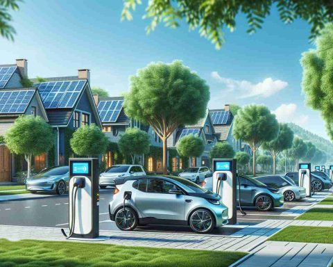 Generate a high-definition, realistic image of innovative electric vehicle charging solutions in a residential area. The scene should include a quiet, tree-lined street of houses with healthy green lawns and a clear, blue sky above. On the street, several electric vehicles of various types and designs are parked. Innovative charging solutions for these cars should be displayed prominently, such as solar-powered charging stations, wireless charging pads, retractable charging posts, and other futuristic technologies.