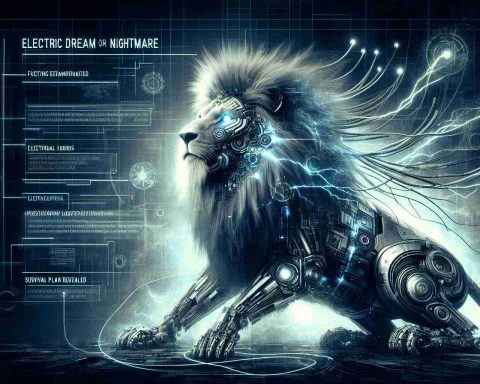 Generate a detailed and realistic high-definition image that showcases an interpretation of an 'Electric Dream or Nightmare'. In this scene, envision a majestic, robotic lion characterized by elements of futurism and technology, indicating its electric nature. Also include subtly placed text that reads 'Survival Plan Revealed'.