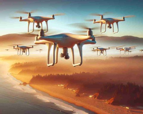 Render a realistic high-definition image of multiple unidentifiable drones hovering in the skies of California. The drones' purpose remains mysterious, hinting at conspicuous activity. To emphasize the mystery, please include a background featuring recognisable landscapes like golden sandy beaches or the iconic redwood forests of California, bathed in the warm hues of a setting sun, lending suspense to the scene.