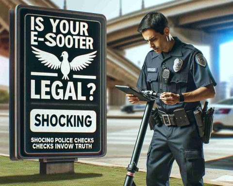 Generate a high definition image depicting a scene of a police officer in uniform, who is Hispanic and male, checking the legality of an e-scooter, with an expression of surprise. In the background, clearly visible should be a large signboard bearing the words 'Is Your E-Scooter Legal? Shocking Police Checks Unveil Truth'. The atmosphere should be somewhat intense, highlighting the seriousness of the situation.