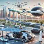 A high-definition, realistic image of what the future of personal transportation might look like. Picture various innovative and sustainable transport options. There could be a solar-powered car with sleek, aerodynamic shapes, possibly featuring a transparent roof for a panoramic view. The sky might be dotted with autonomous drones capable of transporting a single person. In the background, a white monorail system could be seen, effortlessly gliding above traffic. Also, include people interacting with these future technologies - a Middle Eastern man boarding a drone, a South Asian woman checking her solar car, and a Hispanic man waiting for the monorail.