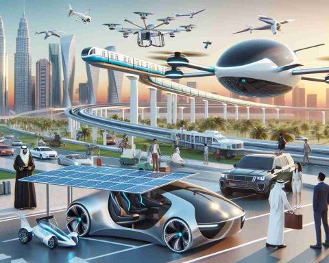 A high-definition, realistic image of what the future of personal transportation might look like. Picture various innovative and sustainable transport options. There could be a solar-powered car with sleek, aerodynamic shapes, possibly featuring a transparent roof for a panoramic view. The sky might be dotted with autonomous drones capable of transporting a single person. In the background, a white monorail system could be seen, effortlessly gliding above traffic. Also, include people interacting with these future technologies - a Middle Eastern man boarding a drone, a South Asian woman checking her solar car, and a Hispanic man waiting for the monorail.