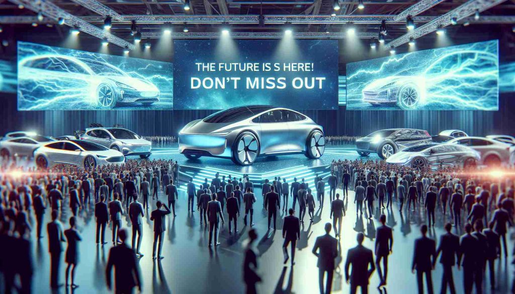 Generate a hyper-realistic high-definition image of a technological showcase. It's a grand event where electric cars are the primary attraction, representing the advancement of future technology. The scene is lively, with gleaming electric cars of various models displayed prominently in the center stage, surrounded by an enthusiastic crowd. Convey a sense of urgency and excitement with a bold slogan in the backdrop that reads: 'The Future Is Here! Don't Miss Out'.