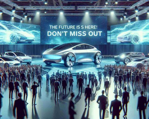 Generate a hyper-realistic high-definition image of a technological showcase. It's a grand event where electric cars are the primary attraction, representing the advancement of future technology. The scene is lively, with gleaming electric cars of various models displayed prominently in the center stage, surrounded by an enthusiastic crowd. Convey a sense of urgency and excitement with a bold slogan in the backdrop that reads: 'The Future Is Here! Don't Miss Out'.