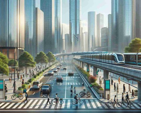 Generate a hyper-realistic, high-definition image illustrating the rise of sustainable urban mobility. Picture a bustling cityscape with skyscrapers in the background. On the city streets, include visual representation of various eco-friendly transportation methods such as bicycles, electric cars, and solar-powered buses. In the distance, a monorail powered by renewable energy passes by. Pedestrians of diverse descents and genders are seen on the sidewalks, waiting at zebra crossings, or cycling. The atmosphere is clean and pollution-free, underlying the positive impact of these sustainable practices.