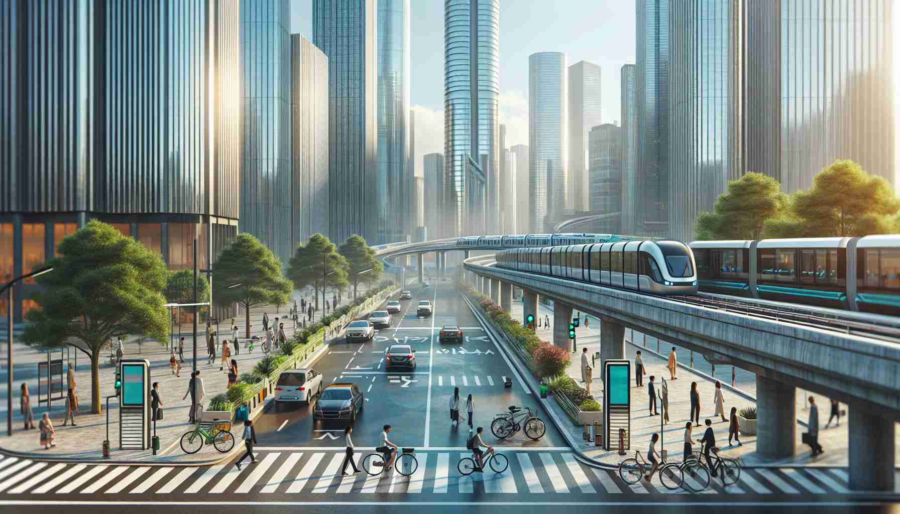 Generate a hyper-realistic, high-definition image illustrating the rise of sustainable urban mobility. Picture a bustling cityscape with skyscrapers in the background. On the city streets, include visual representation of various eco-friendly transportation methods such as bicycles, electric cars, and solar-powered buses. In the distance, a monorail powered by renewable energy passes by. Pedestrians of diverse descents and genders are seen on the sidewalks, waiting at zebra crossings, or cycling. The atmosphere is clean and pollution-free, underlying the positive impact of these sustainable practices.