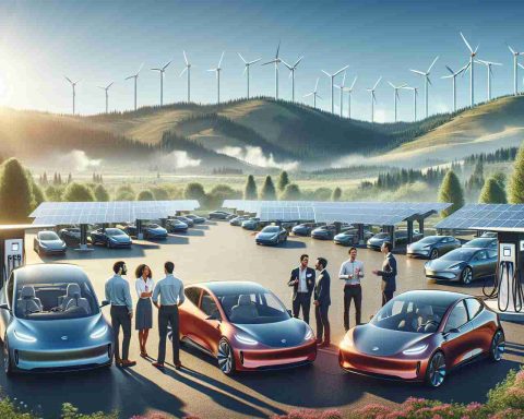 A realistic, high-definition visual representation of a bright future for electric vehicles in Oregon. The scene showcases state-of-the-art electric cars stationed at solar-powered charging stations, with wind turbines in the distance, set against a backdrop of lush Oregon landscapes. Venture capitalists and engineers are in the crowd, excitedly discussing prospects and making major investments. Please include a young Hispanic female engineer animatedly discussing with a Middle Eastern male investor. Additionally, show a Caucasian male venture capitalist looking at the innovations interestedly, while a South Asian female entrepreneur explains her business idea related to clean energy transportation.