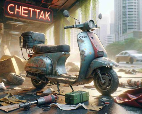 Realistic high-definition representation of an abandoned Chetak Electric Scooter with signs of wear and tear. Background narrative may suggest a surprising or unexpected series of events leading to its current state.