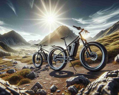 A high-definition, realistic image of some ultimate e-bikes perfectly suited for adventurous terrain. The adventure e-bikes are robust with fat tire designs, built-in head and tail lights, strong frame design and a powerful motor attached. The landscape is rugged, with a stunning mountain in the backdrop, under a gleaming sun. The terrain is clustered with rocks and irregular ground, perfect for an e-bike adventure. The image gives a vibe of ultimate exhilaration and freedom that riders would experience during their outdoor adventure.