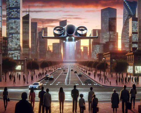 Imagine a high-definition and realistic depiction of the future where flying cars are a common sight. Picture a sleek and futuristic flying vehicle, about to take off from a modern urban landscape. Skyscrapers dot the skyline, their glass windows reflecting the setting sun. The sky is painted in hues of orange and purple as the day gives way to evening. On the street below, pedestrians of varying genders and descents, from African to Hispanic to Caucasian, glance upwards, their expressions a mixture of curiosity and awe as they witness the manifestation of this technological marvel.