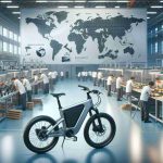 Render a high definition, realistic image showcasing the revival of the electric bike industry. The scene should include a modern, slick electric bike placed in the forefront, possibly in a showroom or the factory. In the background, indicate signs of a thriving industry like workers diligently assembling other electric bikes, packed warehouses, moving conveyor belts, possibly with parts of bikes being assembled. There should be a global map on a wall in the background, pinpointing various locations around the world signifying the global reach of this bike industry.