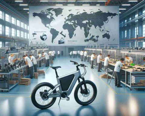 Render a high definition, realistic image showcasing the revival of the electric bike industry. The scene should include a modern, slick electric bike placed in the forefront, possibly in a showroom or the factory. In the background, indicate signs of a thriving industry like workers diligently assembling other electric bikes, packed warehouses, moving conveyor belts, possibly with parts of bikes being assembled. There should be a global map on a wall in the background, pinpointing various locations around the world signifying the global reach of this bike industry.