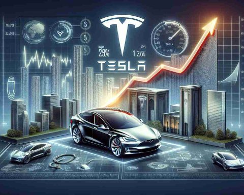 Detailed realistic image representing the concept of Tesla's stock beyond the price. A symbolic representation of the Tesla logo, a stock market graph with an upward trend, an electric car charging, a futuristic cityscape advocating for clean energy, and a progressive bar indicating growth. Please do not use any real person or specific identifiable references.