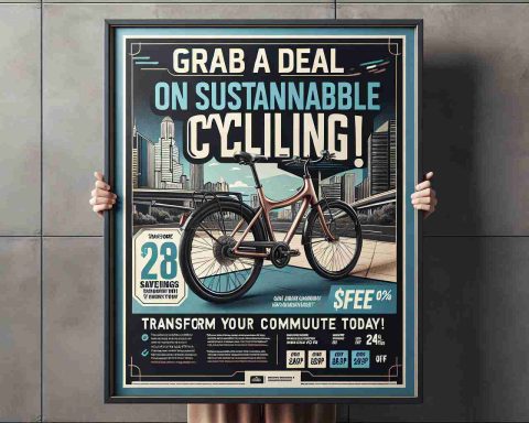 An HD quality, realistic image of a poster encouraging sustainable commuting methods. The poster has a bold header that reads 'Grab a Deal on Sustainable Cycling! Transform Your Commute Today'. This is accompanied by an inviting image of a sturdy, eco-friendly bicycle and a cityscape in the background. On the bottom part of the poster, there is a promotional offer detailing the savings one can make by switching to this form of commute.