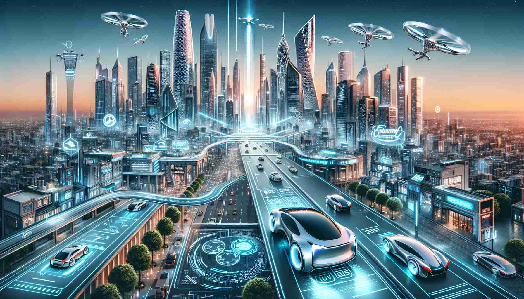 Illustrate a futuristic scenario showcasing cutting-edge technological advancements in urban mobility and luxury performance in the year 2025. Be sure to detail ultra-modern vehicles traversing through a bustling metropolis, with notable elements of luxury, comfort, superior performance, and advanced technology. The city scenery features gleaming skyscrapers, flying drones, skywalks, and clean energy solutions, reflecting advancements in urban planning. Allow your vision to telegraph progressive trends in urban transportation and luxury vehicle design as we might foresee them, grounding everything on a hyper-realistic art style.