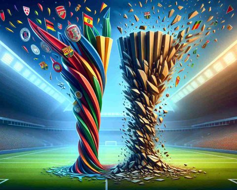 A detailed, high-definition image portraying the concept of surprising outcomes in European football matches. The scene includes two metaphorical columns; one column soaring upwards, symbolizing teams experiencing a successful streak, decorated with vibrant colors and team emblems but without actual team names, and a second column crumbling downwards, representing teams going through a tough time, shown in a more muted color palette. Also, add some dynamic lines and abstract shapes to evoke the sensation of movement and change. Both columns are positioned against the backdrop of a vast football field.