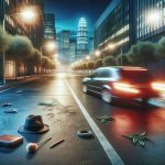 A realistic, high definition illustration of an odd occurrence where a hit-and-run driver has left a peculiar trail behind. Show a deserted urban street, bathed in the glow of twilight with a car at a significant distance. The car could be a blur to indicate speed and urgency, leaving behind an unusual trail of random objects. These objects could range from items like a hat, a briefcase, everyday curiosities etc. that adds a layer of intrigue to the narrative.