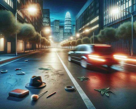 A realistic, high definition illustration of an odd occurrence where a hit-and-run driver has left a peculiar trail behind. Show a deserted urban street, bathed in the glow of twilight with a car at a significant distance. The car could be a blur to indicate speed and urgency, leaving behind an unusual trail of random objects. These objects could range from items like a hat, a briefcase, everyday curiosities etc. that adds a layer of intrigue to the narrative.