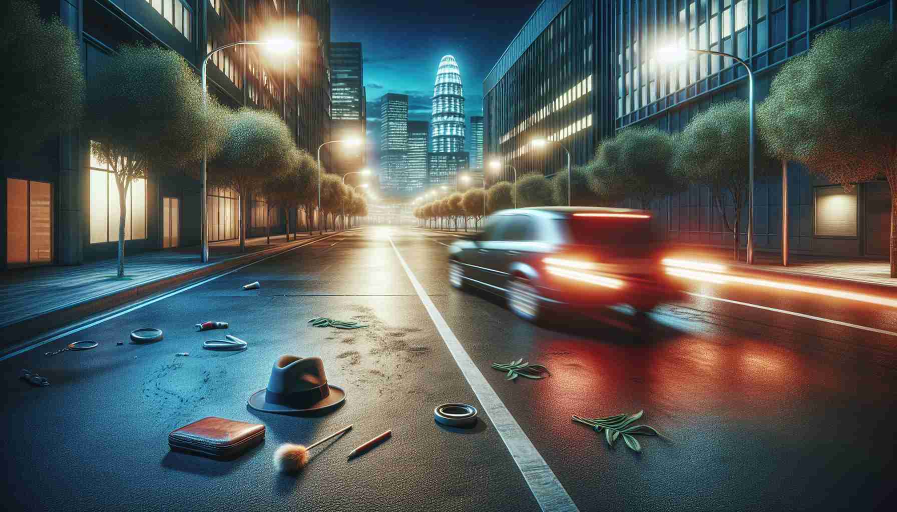 A realistic, high definition illustration of an odd occurrence where a hit-and-run driver has left a peculiar trail behind. Show a deserted urban street, bathed in the glow of twilight with a car at a significant distance. The car could be a blur to indicate speed and urgency, leaving behind an unusual trail of random objects. These objects could range from items like a hat, a briefcase, everyday curiosities etc. that adds a layer of intrigue to the narrative.