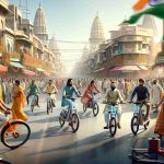 A high-definition, photorealistic image showcasing the electrifying scene of India's electric bike revolution. It should feature diverse Indian men and women across all ages, enthusiastically exploring the capabilities of these cutting-edge electric bikes. The setting is a busy, colorful street of an Indian city, infused with the cultural vibrancy of the country. Amidst the hustle and bustle, electric bikes of different styles and designs, buzz with energy, demonstrating the transformative wave of sustainable transport sweeping across the nation.