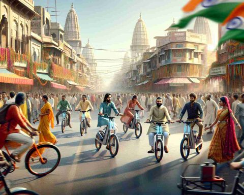 A high-definition, photorealistic image showcasing the electrifying scene of India's electric bike revolution. It should feature diverse Indian men and women across all ages, enthusiastically exploring the capabilities of these cutting-edge electric bikes. The setting is a busy, colorful street of an Indian city, infused with the cultural vibrancy of the country. Amidst the hustle and bustle, electric bikes of different styles and designs, buzz with energy, demonstrating the transformative wave of sustainable transport sweeping across the nation.