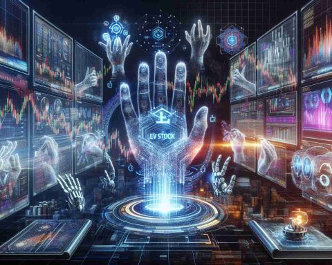 An advanced and high-definition rendering of the abstract concept of a futuristic stock market evolution focusing on Lev Stock. Display technological breakthroughs symbolically as glowing digital charts, advanced robotic hands manipulating those charts, and holographic projections of the Lev Stock logo. Around them, there should be images representing the next big financial trends like digital currencies, automated trading platforms, and neural networks predicting stock patterns.