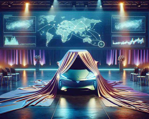 A vibrant, high-definition image depicting the concept of a pre-market revolution in electric vehicles, possibly symbolized by a sleek and futuristic electric car under a silk sheet about to be unveiled in a brightly lit stage. In the background, display screens show complex graphs and charts representing autonomous trading, implying a question: is this the future of market trading? The atmosphere should be filled with anticipation and excitement.