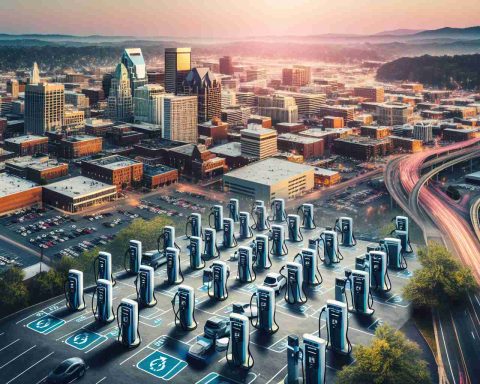 High definition snapshot of a large city, recognizable as Knoxville, displaying a major transition towards electric vehicles. This change is embodied through an increased prevalence of EV charging stations throughout the city. There are charging stations springing up in various locations such as public parking lots, commercial areas, and residential neighborhoods, showing a consistent and city-wide effort to boost support for sustainable transportation.