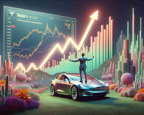 Create a realistic HD image interpreting the concept of a rally in Tesla's stock. Include visual elements like a positive stock chart with ascending lines representing Tesla's stock performance, as well as an environment that reflects excitement and enthusiasm. Please manifest these themes abstractly, as figures are not needed.