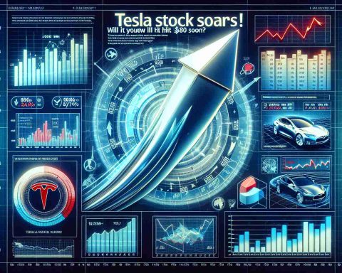 A detailed and realistic image representing the concept of soaring Tesla stocks. It should involve the presence of a dominant, rising arrow signifying the stock price increase, with the Tesla logo present somewhere. Numerical charts, bar graphs, and line graphs showcasing positive growth trends in vivid colours could be incorporated to visualize this growth as well. Additionally, include a big, catchy headline text that reads: 'Tesla Stock Soars! Will It Hit $800 Soon?' Use crisp colours and clean lines for an HD quality finish.