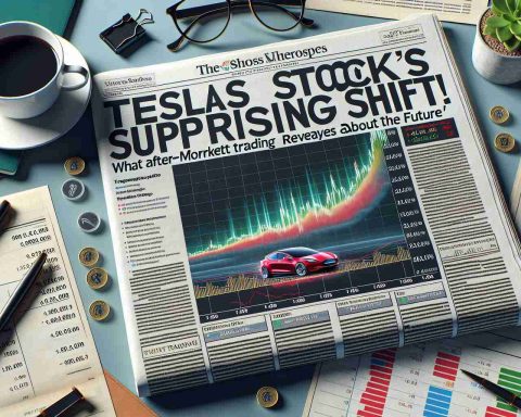 High-resolution, realistic image of a financial newspaper's front page featuring a surprising shift in Tesla's stock. The headline reads 'Tesla Stock's Surprising Shift! What After-Market Trading Reveals About the Future'. Surround the paper with various financial elements like bar graphs demonstrating stocks volatility, a cup of coffee, a pair of glasses and a pen. Please also include an ambiguous, non-specific business person portfolio on the side.