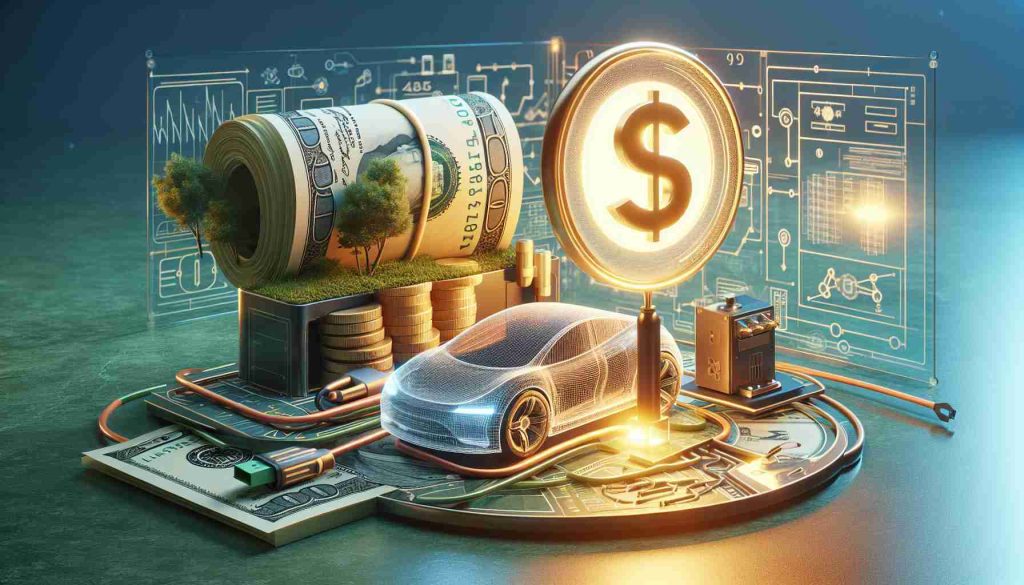 Realistic, high-definition image displaying the surprising grant of $43.7 Million awarded for the innovations in Electric Vehicle charging techniques. The image should capture the symbolic representation of this financial support - perhaps showing a stack of dollar bills, a blueprint or model of a cutting-edge EV charging technology, and a shining golden round emblem that represents the resourceful financial assistance. The background could be an eco-friendly environment like a forest or a sea, connecting the idea of sustainable mobility.