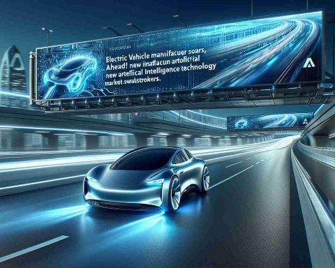 Create a high-resolution, realistic image featuring a futuristic-looking, metallic blue electric car zooming down a sleek highway. The surroundings should give off a sense of high technology, perhaps with high-tech billboards advertising the latest AI tech. The headlines on the digital billboards read, 'Electric Vehicle Manufacturer Soars Ahead! New Artificial Intelligence Technology Astounds Market Stakeholders.'