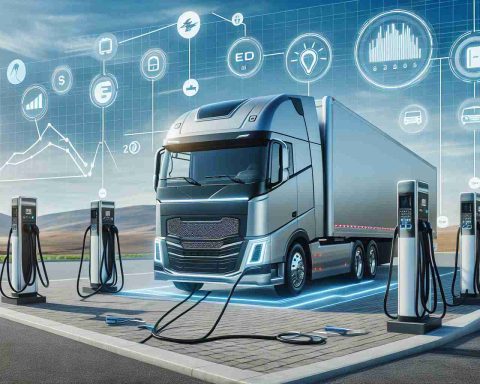 Generate an HD photo realistic representation of a bold move made by an electric vehicle startup: a major investment for the future. The image can feature a sleek and modern electric truck parked in an open space, surrounded by charging stations, annotated with virtual charts and graphs symbolizing the upheaval in investment decisions.