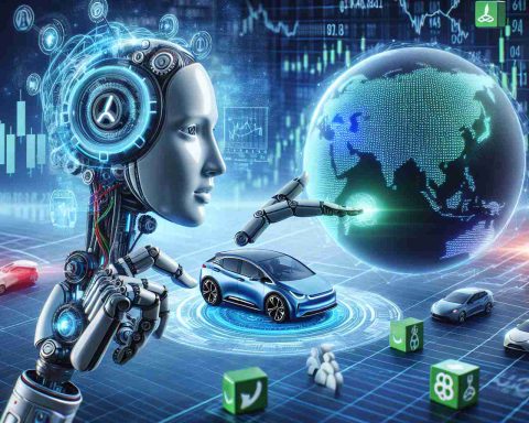 Realistic HD photo depicting the concept of Artificial Intelligence influencing the stock prices of a major electric vehicle company. Showcase the symbolic representation of the revolutionary shift in technology industry.