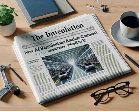 Create an image of a detailed newspaper headline that reads 'New AI Regulations Rattles Car Manufacturing Company! What Investors Need to Know'. Depict a realistic scenario where the newspaper is laid out on a breakfast table with a cup of coffee and a pair ofspecs on it. The newspaper article should include a relevant image, perhaps showing the manufacturing process or robots in an assembly line.