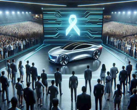 A realistic high-definition image depicting the scene of a modern car unveiling event. Show the excitement and anticipation of the crowd as they witness the reveal of an advanced AI-Driven vehicle. People of different genders and descents should be included in the crowd. The forefront of the image should display the focal point, the car, with futuristic lines and smooth curves. The car attracts attention with its sleek design promising advanced AI interface capabilities, with a ribbon graphic indicating that it's an innovation driving the future of motoring.