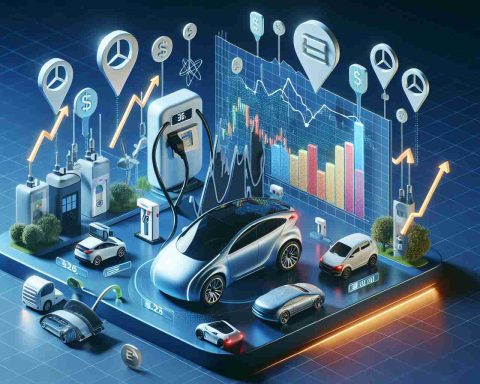 Generate a high definition, realistic image depicting a conceptual piece visualizing the competition among electric vehicle stocks for market leadership in 2025. This should include symbols of electric cars, charging stations, stock market graphs, and a surprise element to indicate unpredictability in the market outcomes.