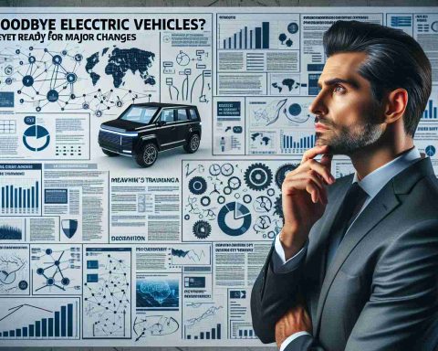 Realistic HD photo of a prominent businessman pondering over a wall filled with graphs, articles, and flowcharts. One part of the wall emphasizes a big headline saying 'Goodbye Electric Vehicles? Get Ready for Major Changes'. The businessman's thoughtful gaze is directed towards a model of a traditional gasoline vehicle, reflecting a bold shift in perspective.