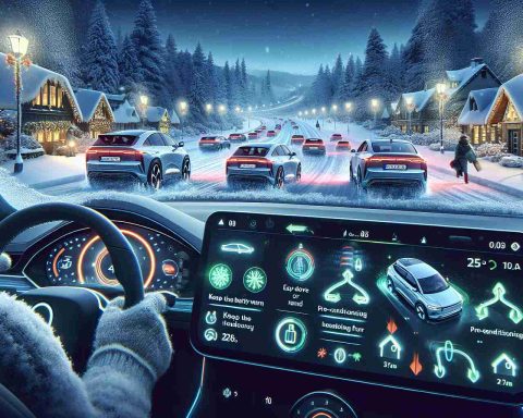 Detailed, high-definition image portrays a winter driving scene featuring various electric vehicles (EVs). The cars are navigating snowy roads and icy conditions, lights brightly illuminating the path. On a digital dashboard, indicators show a battery-charge status and the utilization of energy-efficient heating systems. Along the way, drivers are careful to follow essential tips for a hassle-free winter EV driving experience. The foreground presents information as interactive visual arrows and tips, including keeping the battery warm, pre-conditioning the car, and maintaining appropriate tire pressure. The overall environment embodies the challenge of staying ahead of the cold.